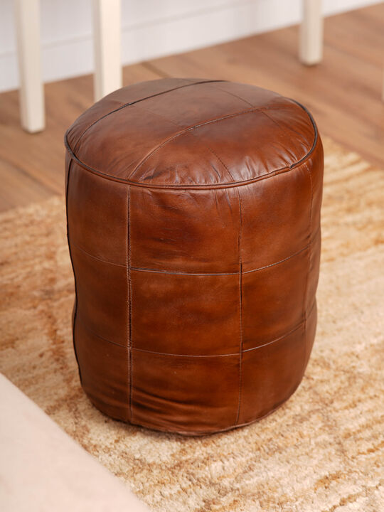 Geometric Handmade Leather Round Pouf 16"x16"x16" (Recycled Foam with Fibre Fill) Cognac Color BBBACPF39 BBH Homes