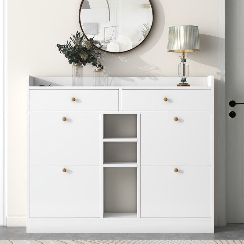 2-Tier Shoe Cabinet with 4 Flip Drawers, White