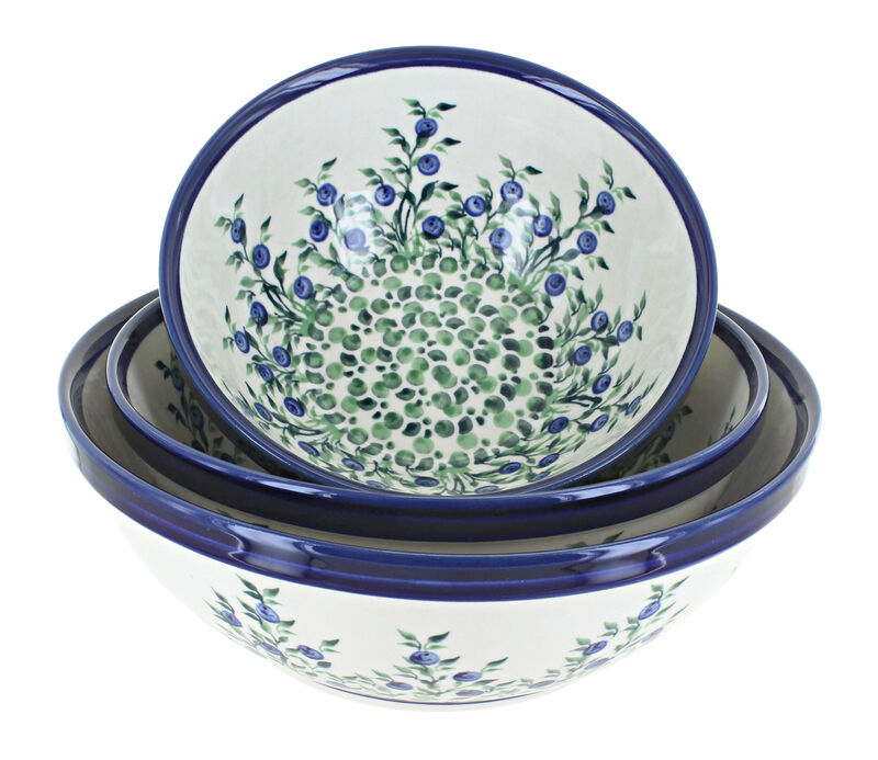 Blue Rose Polish Pottery Blue Tulip 3 Piece Serving Bowl Set