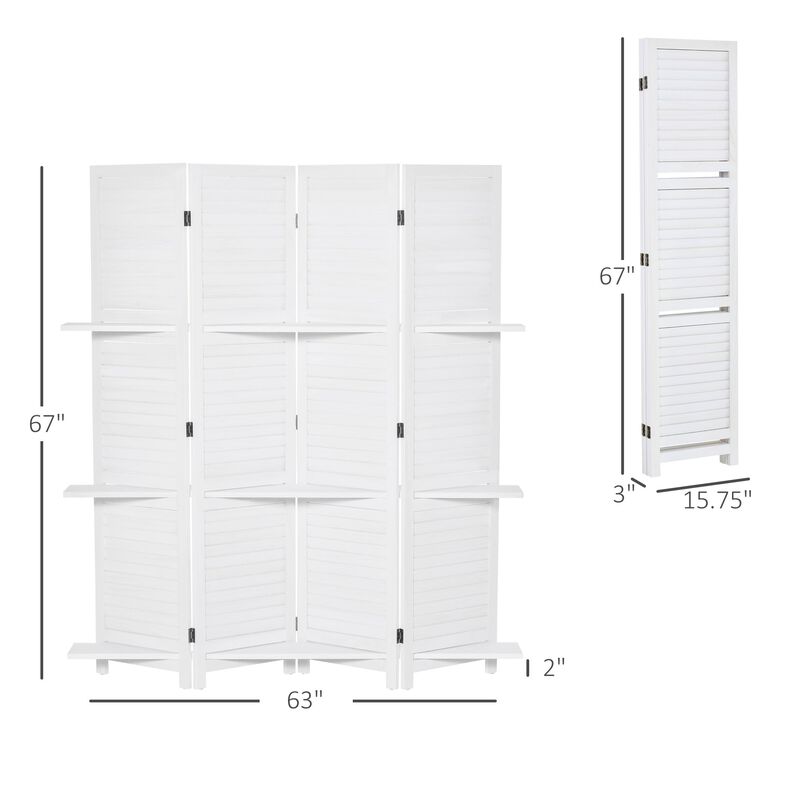 White Room Divider: 67" 4-Panel Portable Screen with Display Shelves
