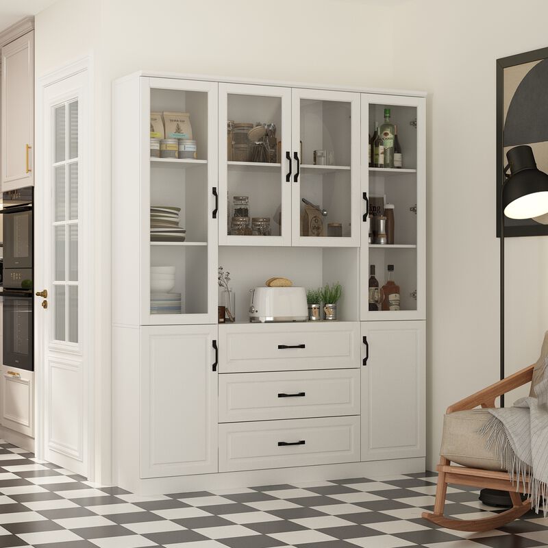 White Wood 63 in. W Buffet Sideboard Food Pantry W/Hutch, Glass Doors, Adjustable Shelves (15.7 in. D x 78.7 in. H)