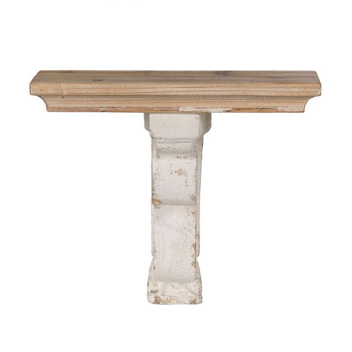 Rick 14 Inch Wall Shelf, Rectangular Brown Top, Fir Wood, Distressed White - Benzara