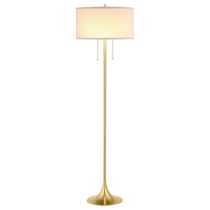 Mikka Floor Lamp, Pull-Chain, Gold Flared Pedestal Base, Beige Fabric - Benzara