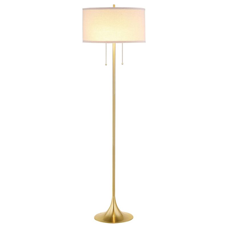 Mikka Floor Lamp, Pull-Chain, Gold Flared Pedestal Base, Beige Fabric - Benzara