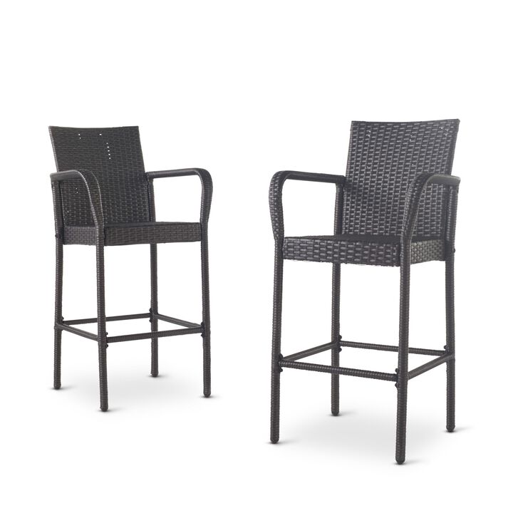 Outdoor Barstool Chair Set of 2, Gray PE Rattan Woven, Iron Frame - Benzara