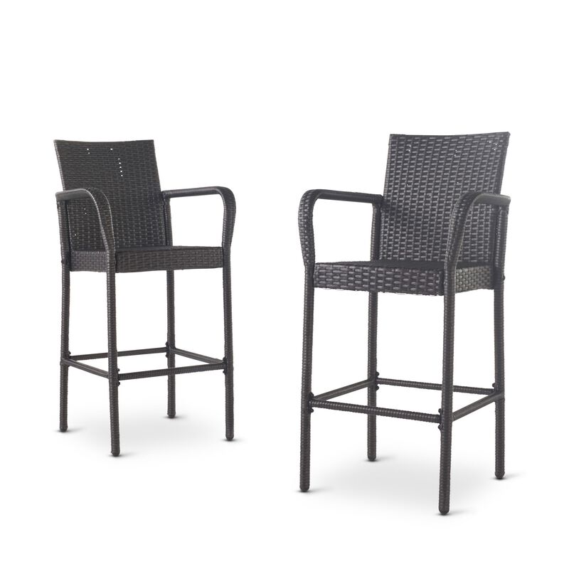 Outdoor Barstool Chair Set of 2, Gray PE Rattan Woven, Iron Frame - Benzara