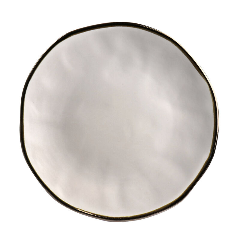 Elama Modern 16 Piece Stoneware Dinnerware Set in Matte White with Gold Rim
