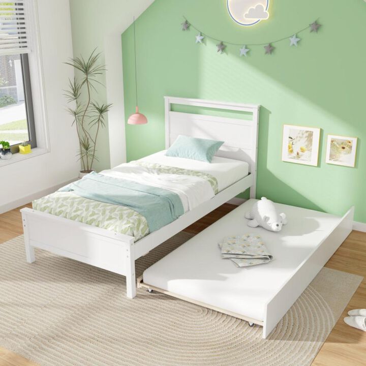 Hivvago Twin Size Wooden Bed Frame with Trundle for Teens and Adults