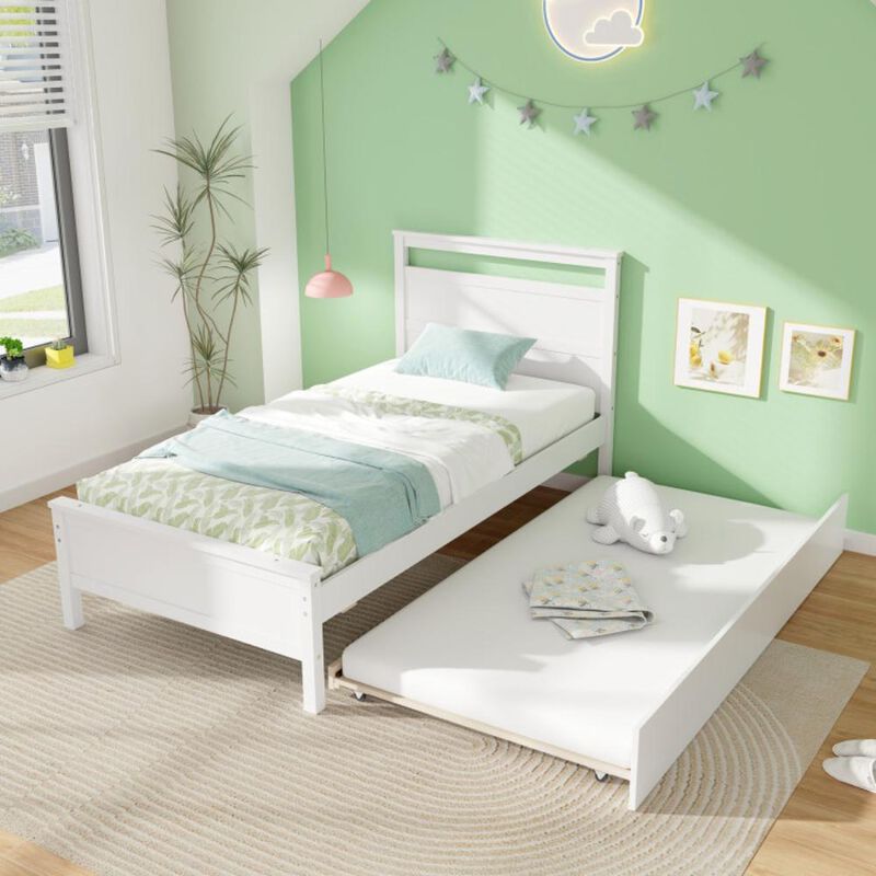 Hivvago Twin Size Wooden Bed Frame with Trundle for Teens and Adults