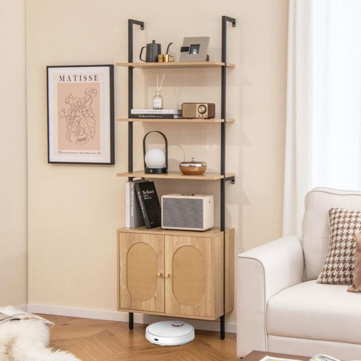 Hivvago 71 Inch 6-Tier Wall Mounted Ladder Bookshelf with Rattan Cabinet-Natural