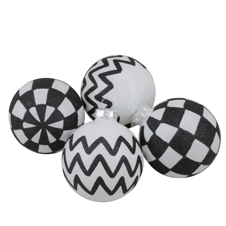 4ct Black and White Zig Zag and Checkered Christmas Glass Ball Ornaments 2.75" (67mm)
