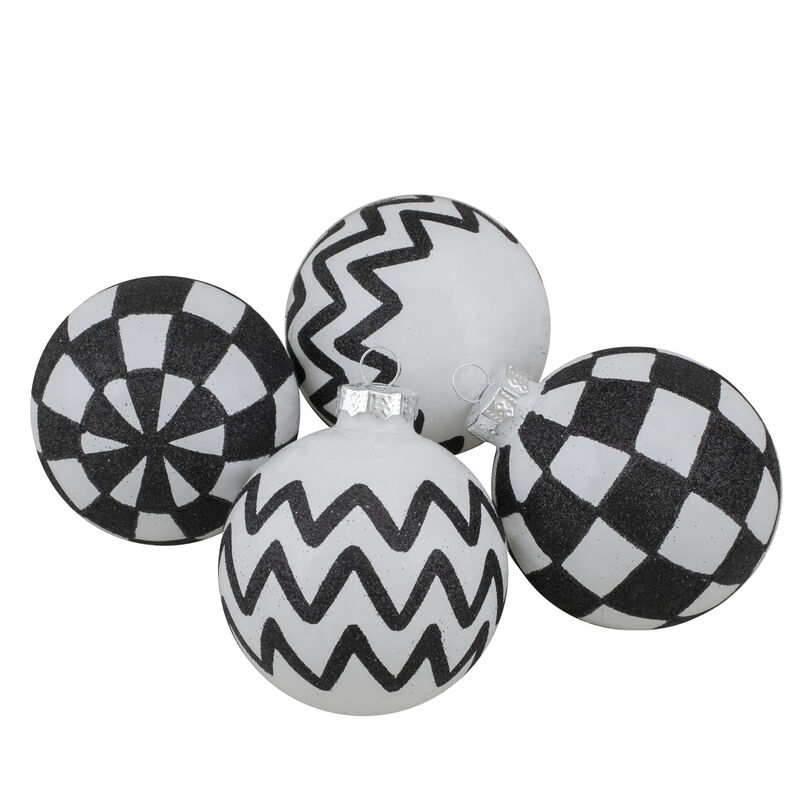 4ct Black and White Zig Zag and Checkered Christmas Glass Ball Ornaments 2.75" (67mm)