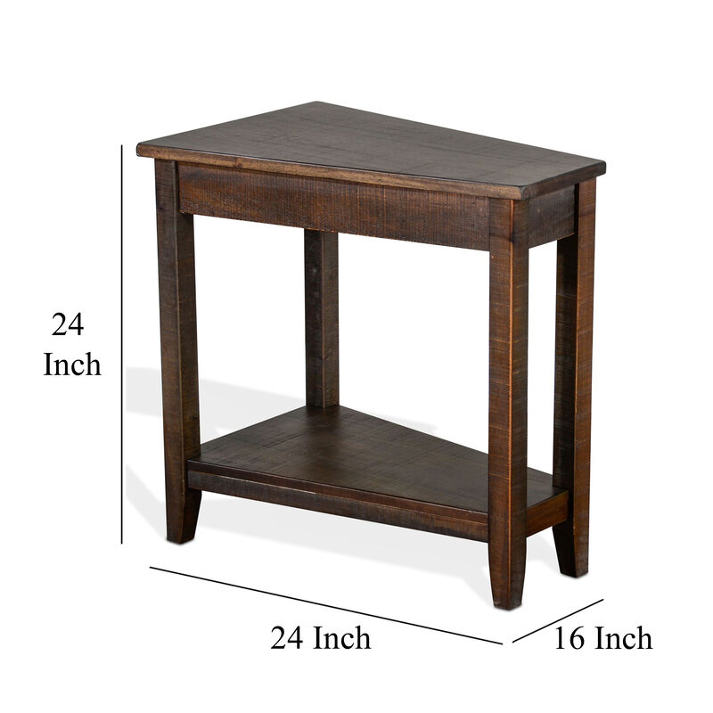 Flint Chairside Table with Shelf, 24 Inch Angled Dark Brown Mahogany - Benzara