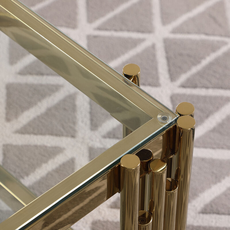 Furniture Wide Square End Table With Glass Top, Golden Stainless Steel Tempered Glass