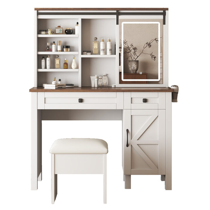 Large Vanity Desk with Lighted Sliding Mirror, Charging Station, Shelves & Drawers