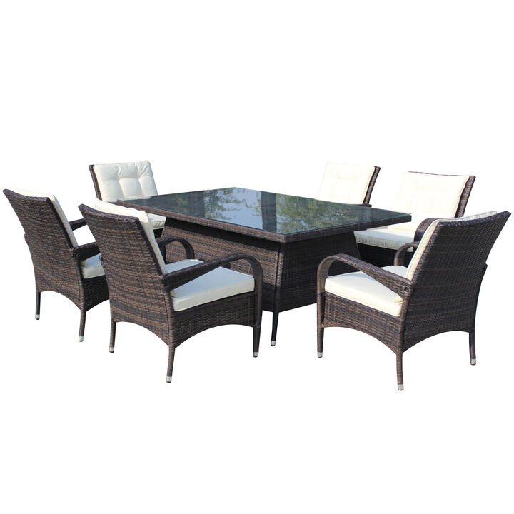 Patio 7-Piece Rectangular Dining Set With 6 Dining Chairs (Brown & Cushion)