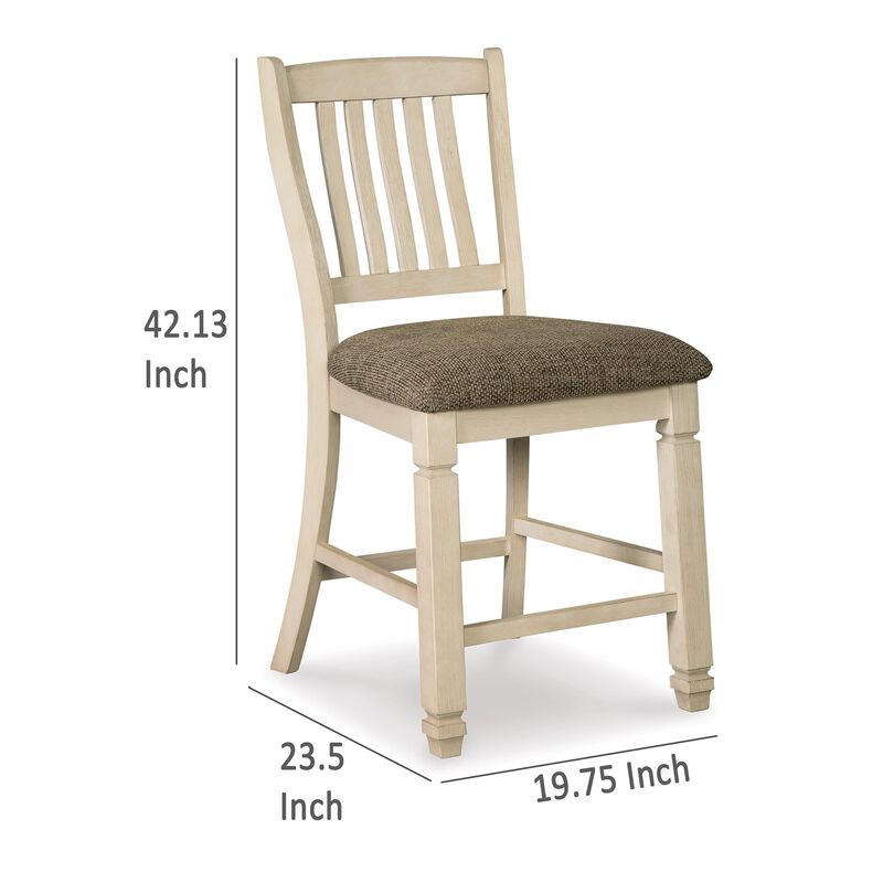 Bolan Counter Height Chair Set of 2, Rake Back, Antique White Wood - Benzara