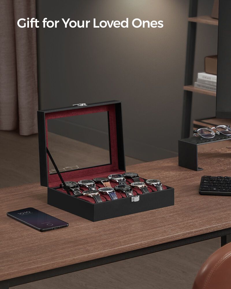 10-Slot Box with Glass Lid Jewelry Holder Case with Removable Pillow