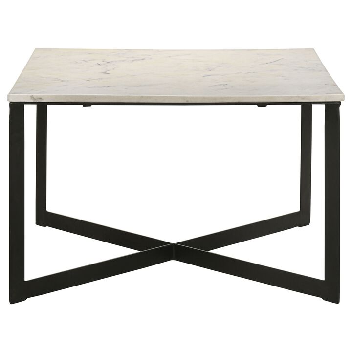 Sovi 28 Inch Side Coffee Table, Marble Top, Black Metal Frame, White Finish - Benzara