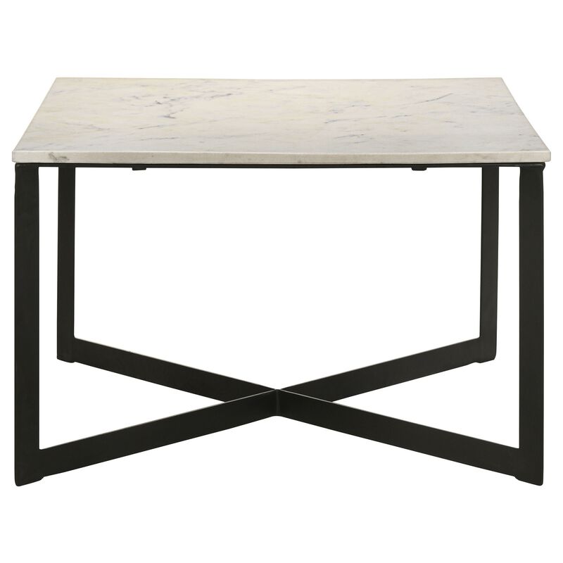 Sovi 28 Inch Side Coffee Table, Marble Top, Black Metal Frame, White Finish - Benzara