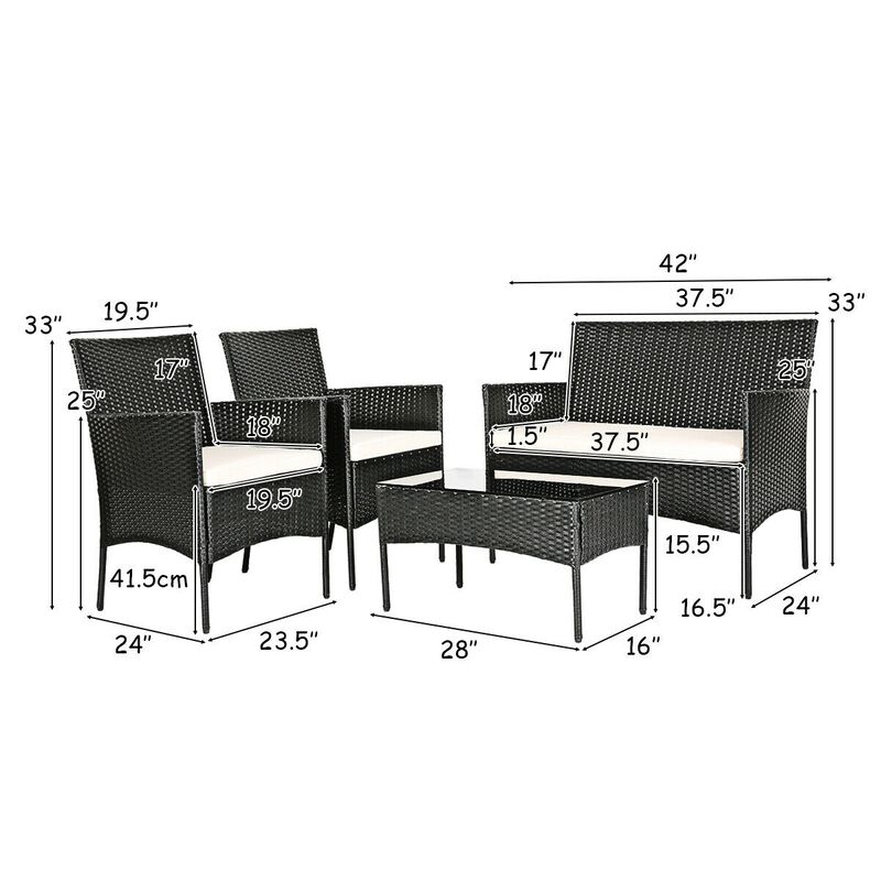 4 Pieces Patio Rattan Cushioned Conversation Sets with Tempered Glass Coffee Table