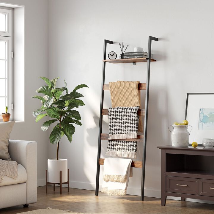 Rustic Brown and Black Blanket Ladder Shelf - Wall-Leaning Steel Frame Towel Rack with Storage Shelf