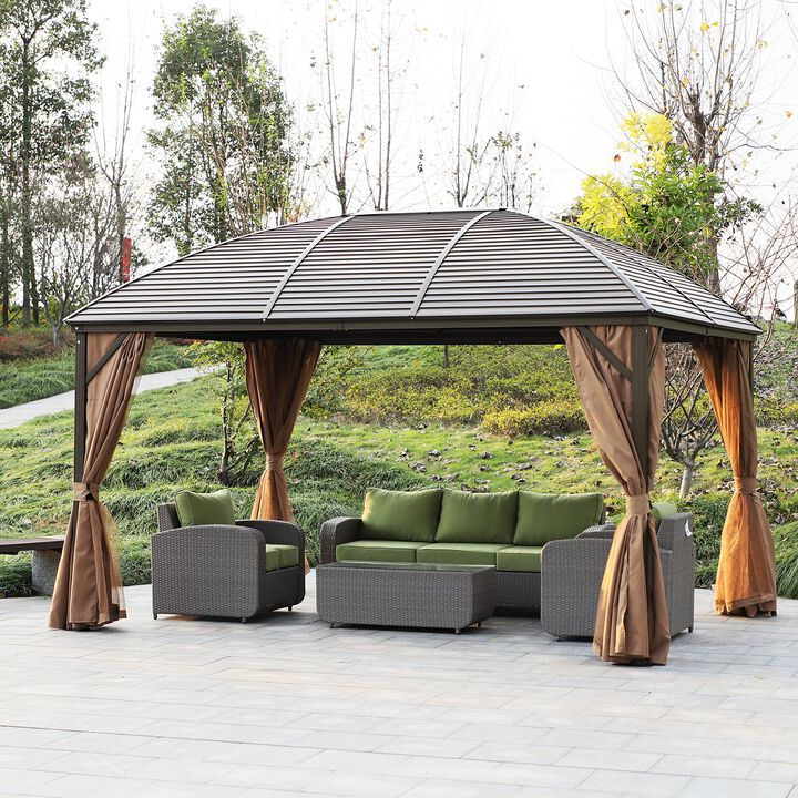 Brown Outdoor Pavilion: 10'x13' Hardtop Gazebo with Curtains & Netting