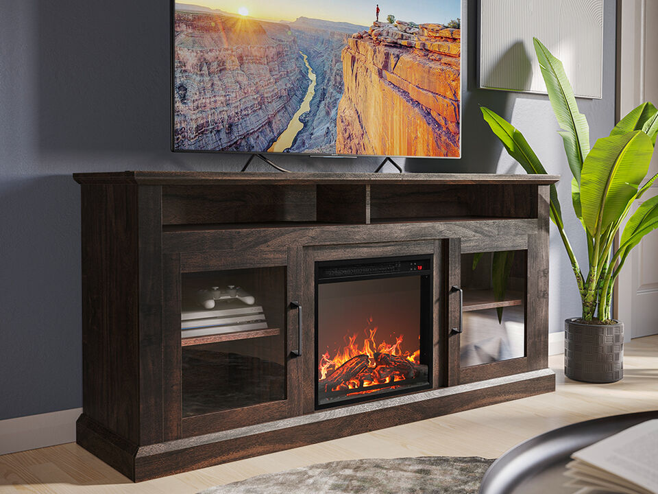 BELLEZE Modern 60" Traditional TV Stand with 18" Electric Fireplace Heater & Media Entertainment Center Console Table for TV up to 65" with Open Storage Shelves & Cabinets - Cayman
