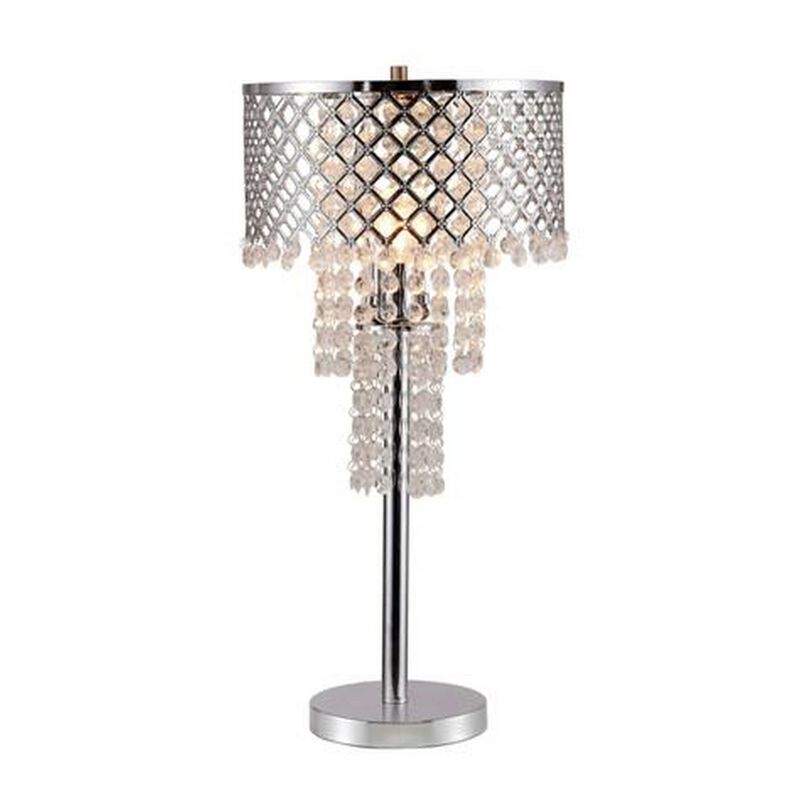 Denise 29 Inch Table Lamp, Glass, Metal Frame, Mesh Shade, Crystals, Gold - Benzara