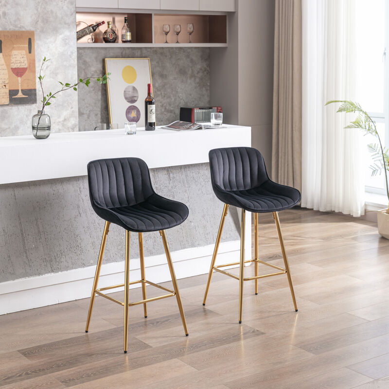 Set of 2 Bar Stools, with Chrome Footrest Velvet Fabric Counter Stool Golden Leg Simple Bar Stool