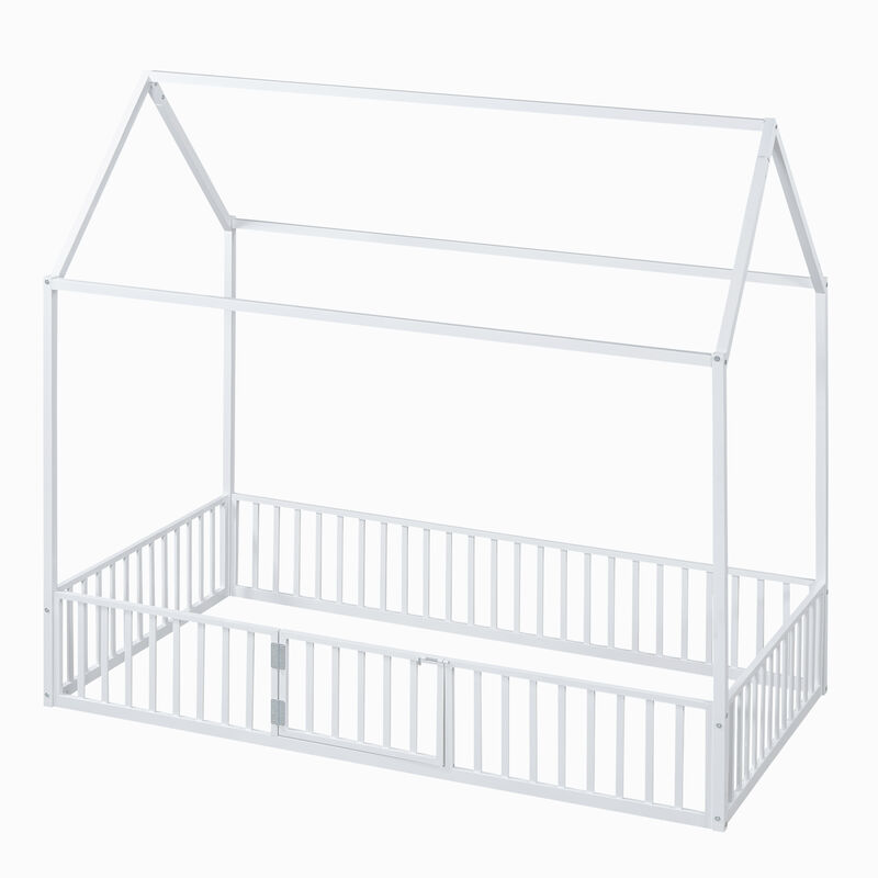Merax Metal House Bed with Fence and Door