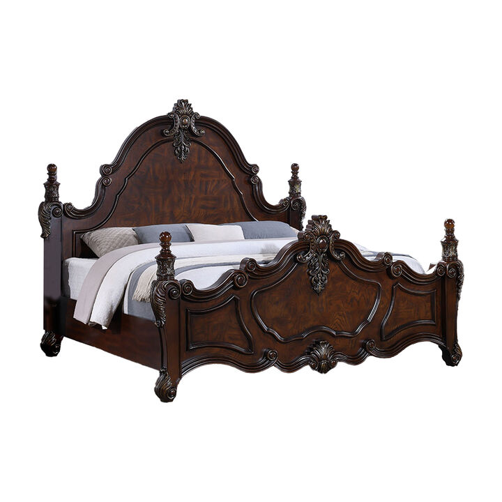 Frank King Size Bed, Carved Details, Finial Posts, Cherry Brown Solid Wood - Benzara