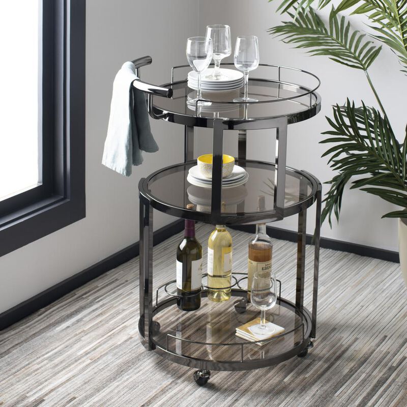 Safavieh Rio 3 Tier Round Bar Cart And Wine Rack, Gun Metal/Tinted Glass