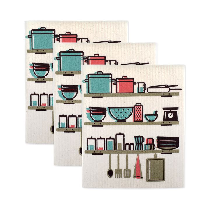 Set of 3 Beige and Turquoise Blue Utensils Rectangular Dishcloths 7.75"