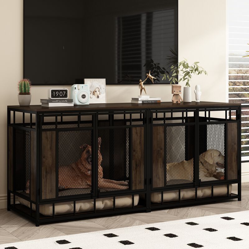Dog House Large Pet Crate Furniture, Indoor Mesh and Wooden Dog Kennels for 2 Medium or Large Dogs, Walnut and Black