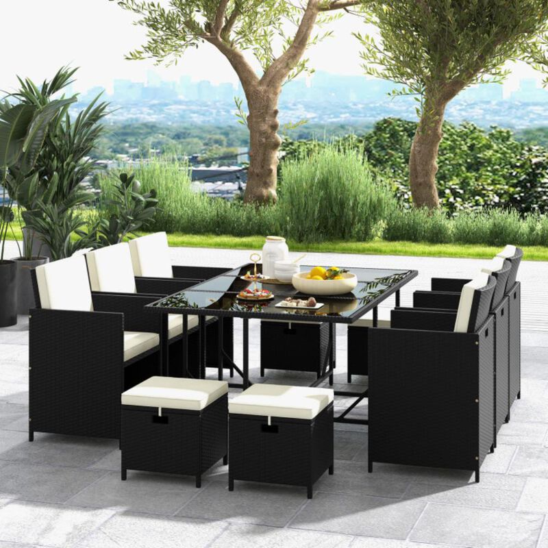 Hivvago 11 Piece Patio Dining Set Wicker Chairs and Tempered Glass Table with Waterproof Cushions
