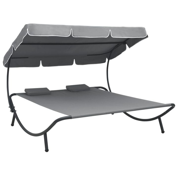 vidaXL Outdoor Lounge Bed with Canopy and Pillows Gray