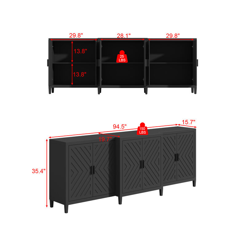 FUFU&GAGA Modern Black Sideboard – 6 Doors, Spacious Storage Cabinet, P2-Grade MDF Buffet & Console Table (94.5" W x 15.7" D x 35.4" H), Matte Black