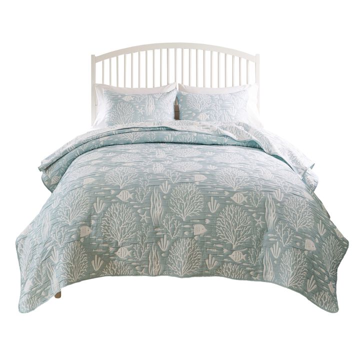 Amy 3pc Full Queen Coverlet Pillow Sham Set, Coastal Design Seafoam Blue