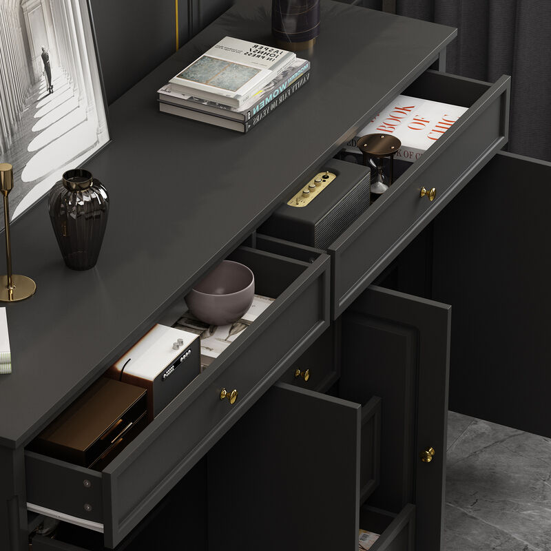 Black Wood 59.1 in. W Sideboard with 2-Large Drawers, 3-Small Drawers and 2-Cabinets 33.5 in. H x 15.7 in. D
