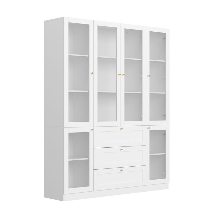 White Wood 63 in. W Sideboard Accent Storage Cabinet Bookcase with Acrylic Glass Doors and 3 Drawers