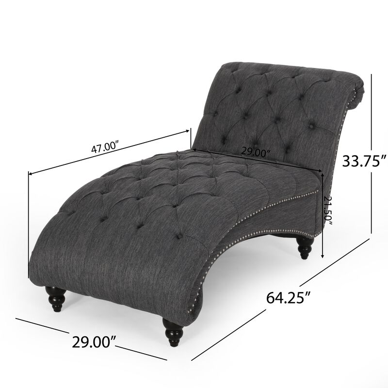 Curb Chaise Lounger, 64 Inch, Button Tufted Diamond Stitch, Charcoal Gray