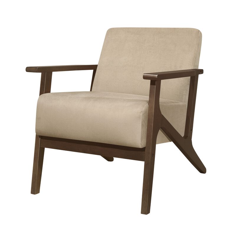 Rica 32 Inch Accent Armchair, Soft Beige Velvet, Walnut Brown Solid Wood - Benzara