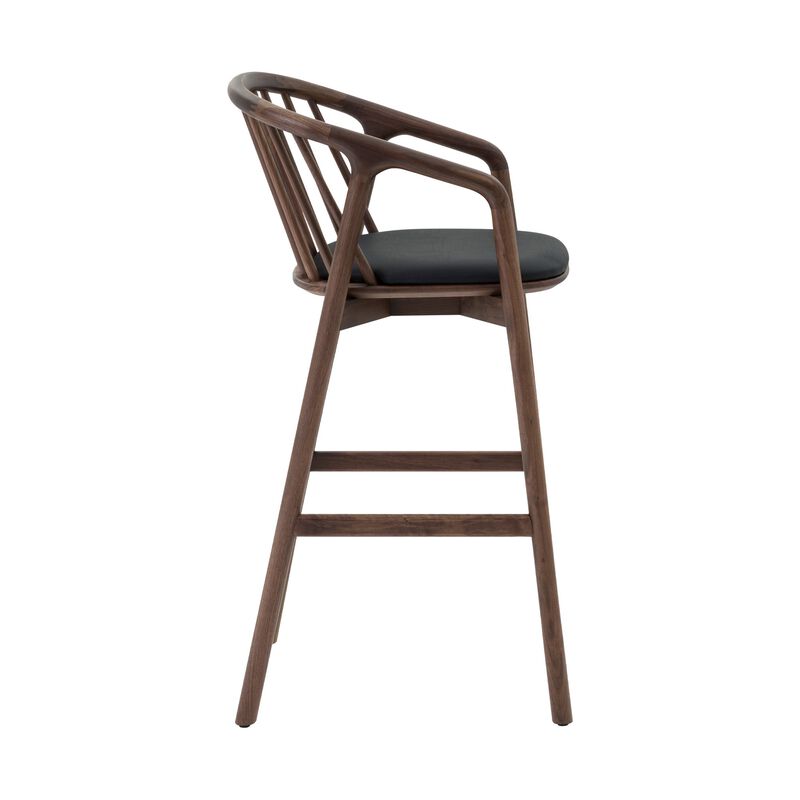 Rchy Barstool Chair, Curved Spindle Back, Black Faux Leather, Brown Wood - Benzara
