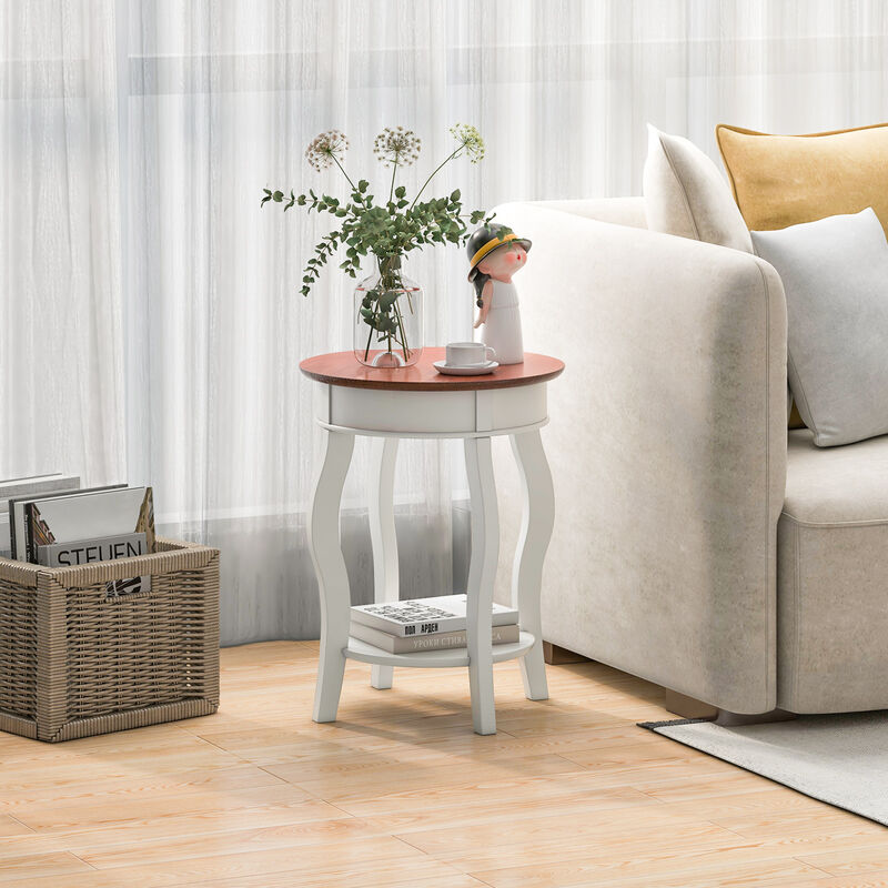 2-Tier Round End Table with Storage Shelf and Solid Rubber Wood Legs for Living Room or Bedroom
