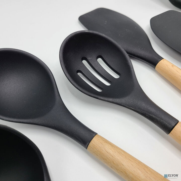 9 Piece Colored Silicone Kitchen Cooking Utensils Set with Wooden Handles