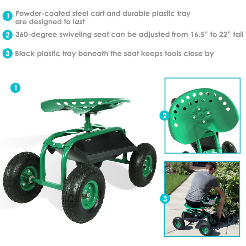 Sunnydaze Steel Rolling Garden Cart with Swivel Steering/Tray