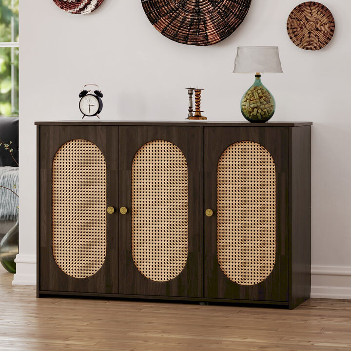 Clihome Retro 3-Door Sideboard with Large Storage Space Artificial Rattan Doors and Metal Handles, Accent Cabinet for Living Room and Hallway (Brown)