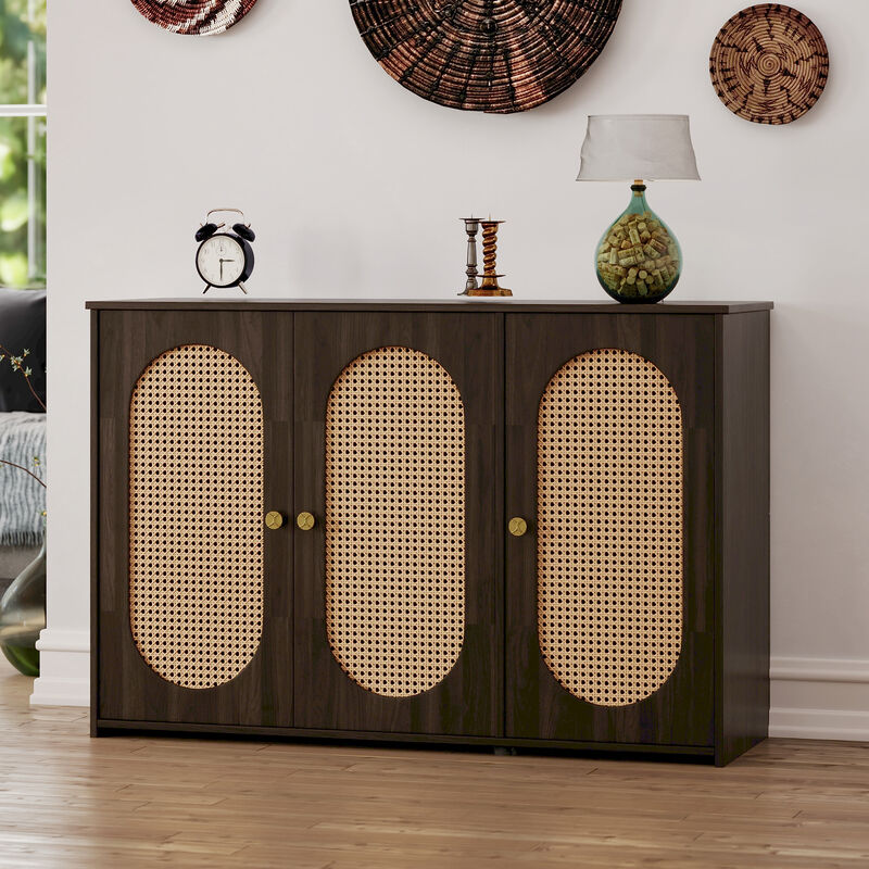 Clihome Retro 3-Door Sideboard with Large Storage Space Artificial Rattan Doors and Metal Handles, Accent Cabinet for Living Room and Hallway (Brown)