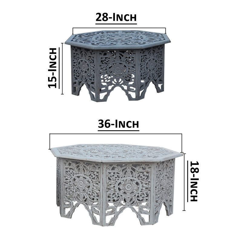 Nesting Coffee Tables, Set of 2, Handcrafted Carved Cut Out Floral Motifs, Antique White and Gray - Benzara